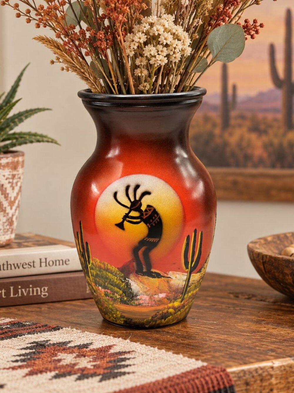 Southwestern Kokopelli Glass 8" Rustic Desert Decor Vase